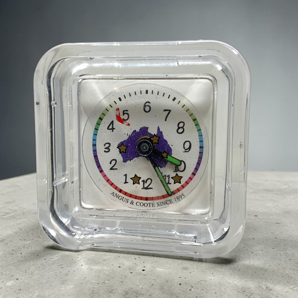 Vtg 1990's Angus & Coote Lucite Alarm Clock Novelty Dial Retro Travel Luminous